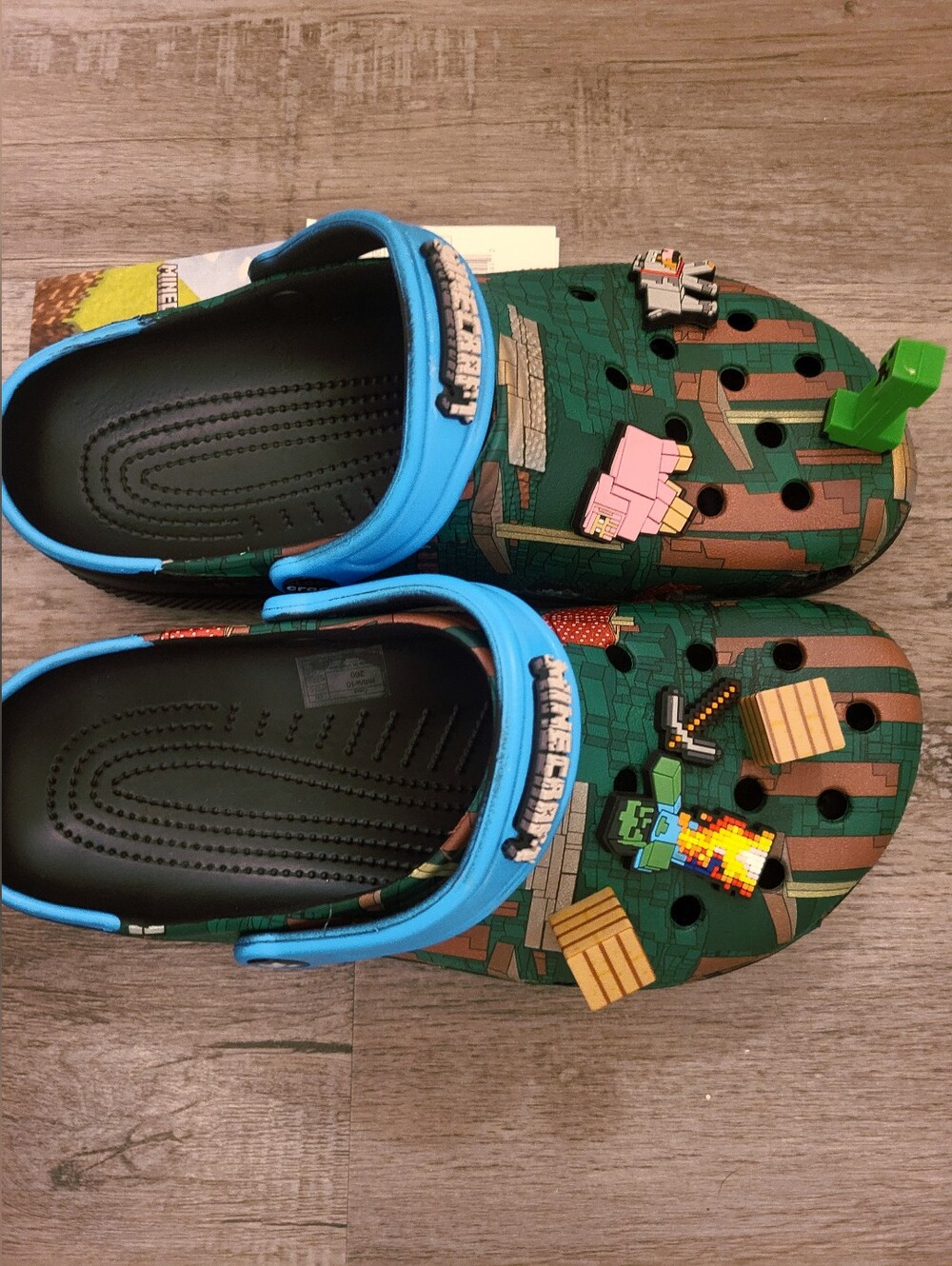 CROCS Men's Green Clog Sandals with Bright Blue Strap and Gaming Charms